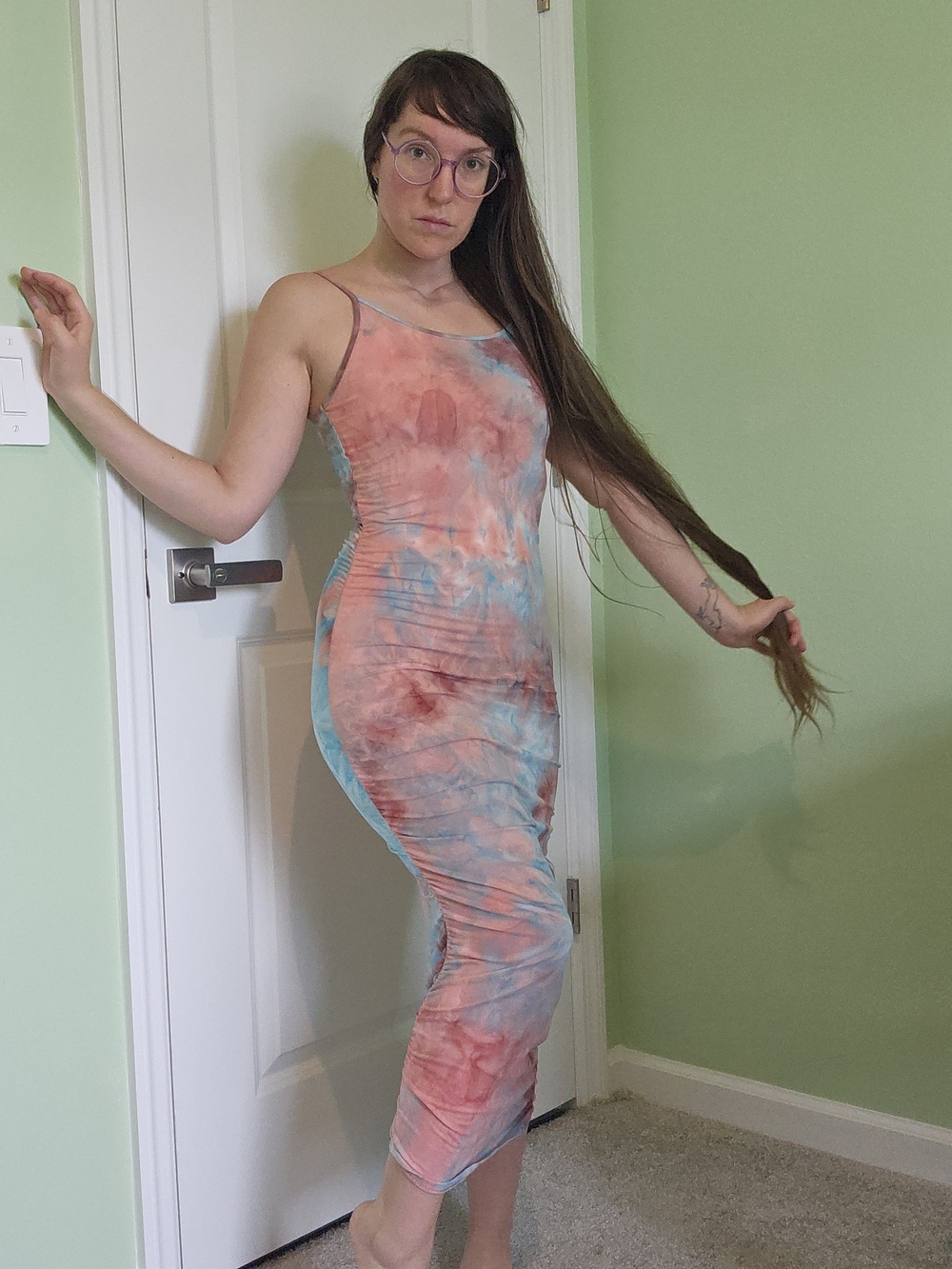 Tie-Dye Bodycon Midi Dress - Pink & Blue